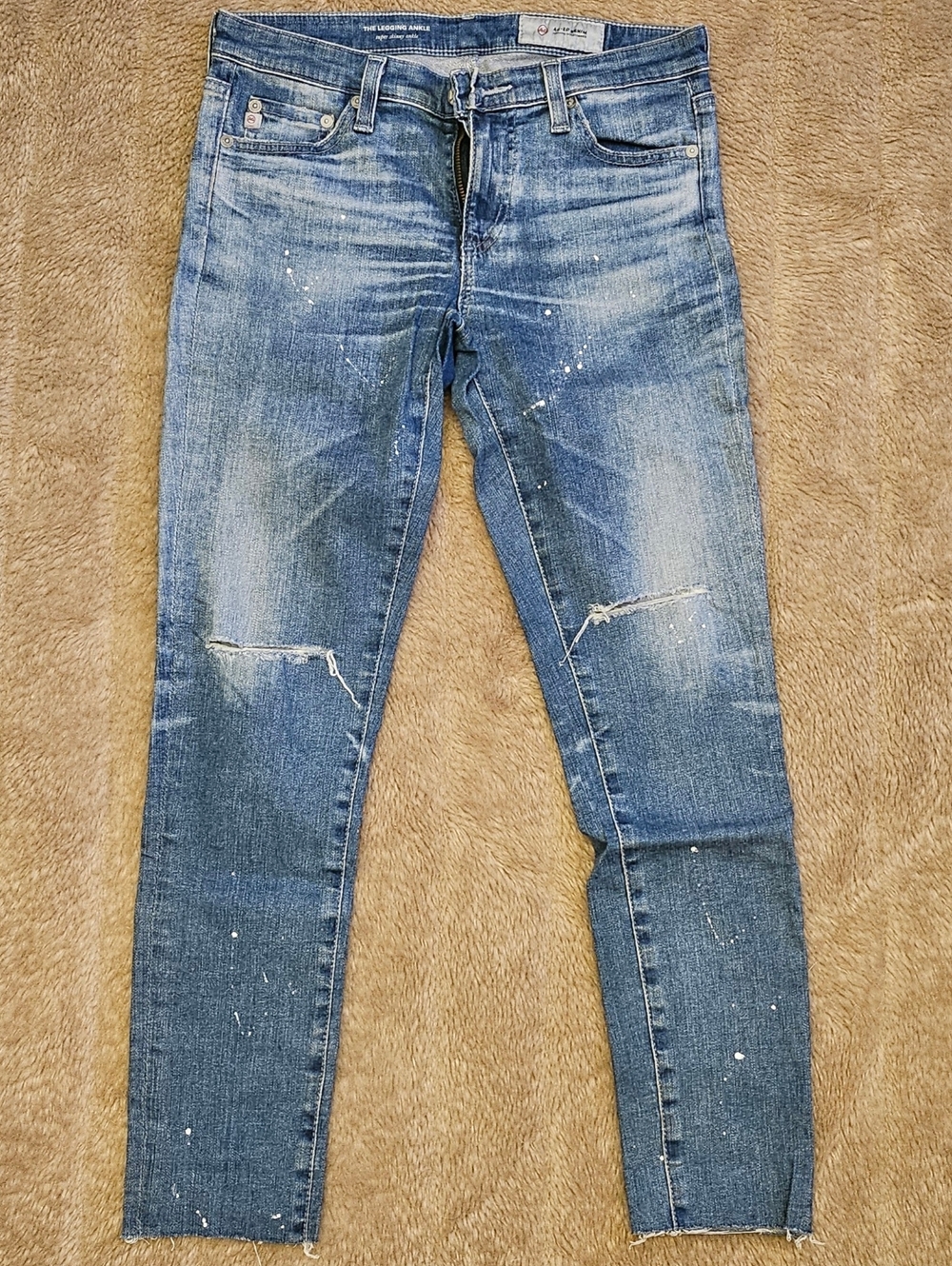 AG Adriano Goldschmied Blue Skinny Distressed Jeans with Paint-Splatter
